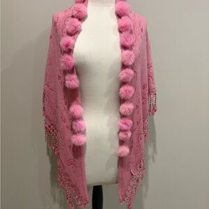 Pink Shawl with Pom Pom Trim - unique - scarf